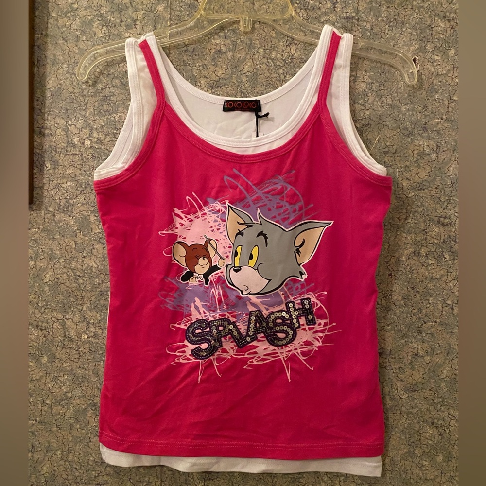 NWT Tom & Jerry Pink and White Cartoon Graphic layered Tank Top SPLASH sz M y2K